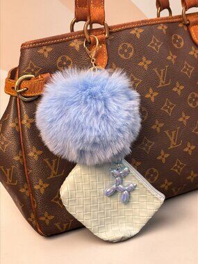 NEW Blue Woven Pouch Balloon Dog Pom Pom Bag Charm Keychain Set